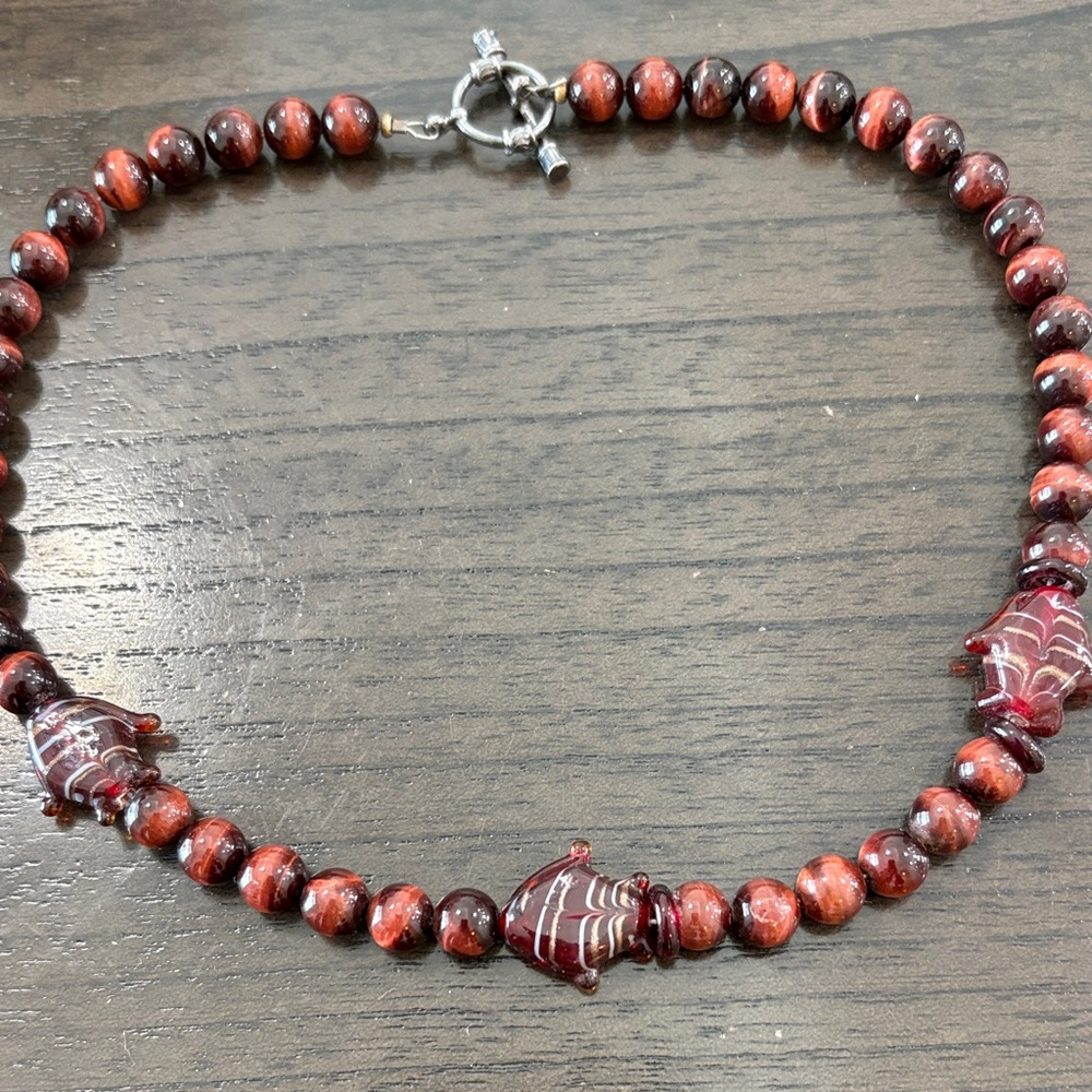 Red Tigers Eyes Beaded Necklace with Fish Accents